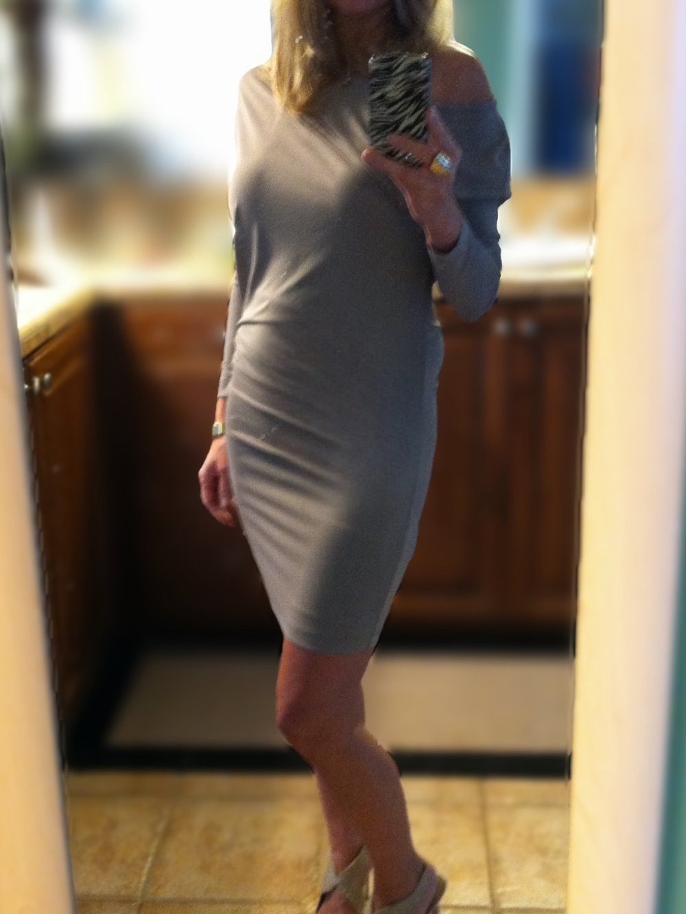 BCBGMaxAzria Taupe Long Sleeve Asymmetric Fitted Dress